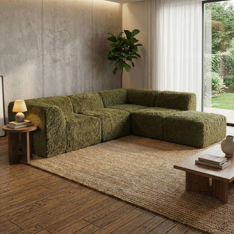 Furniture of America Ylena Modern 5-Piece Faux Fur Foam Modular Compressed Sectional Sofa with Ottoman - Olive Green