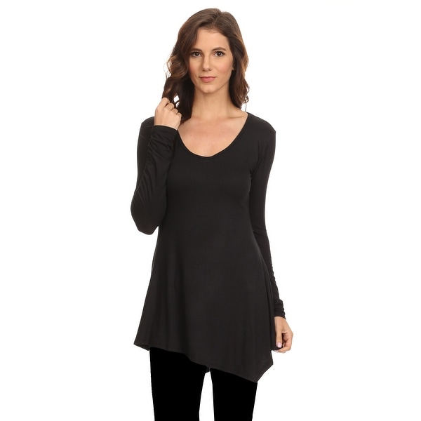 Women's Long Sleeve Ribbed Shirt Handkerchief Hem Tunic