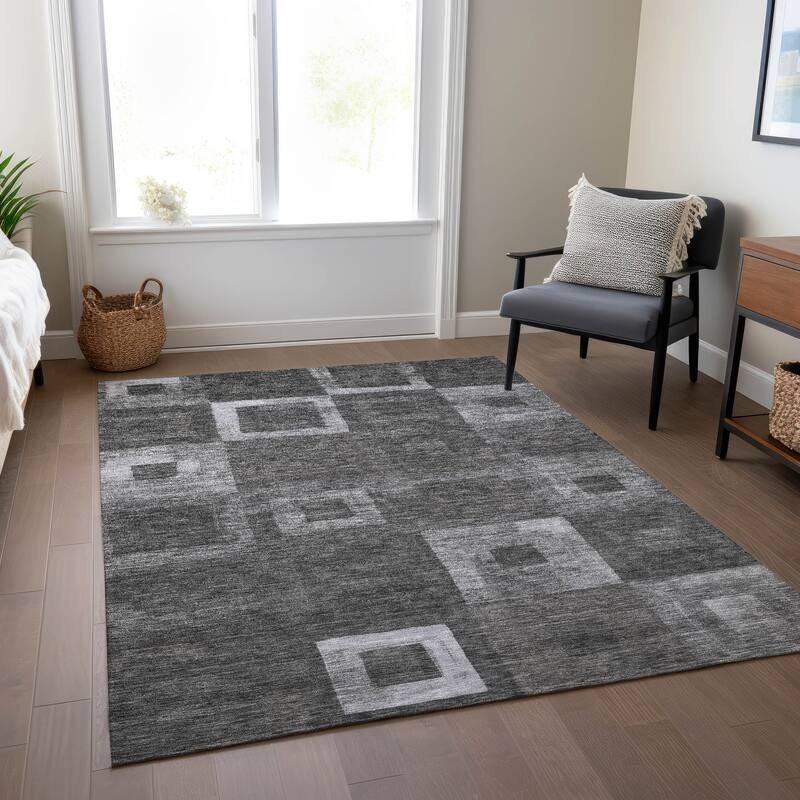 Machine Washable Indoor/ Outdoor Contemporary Blocks Chantille Rug