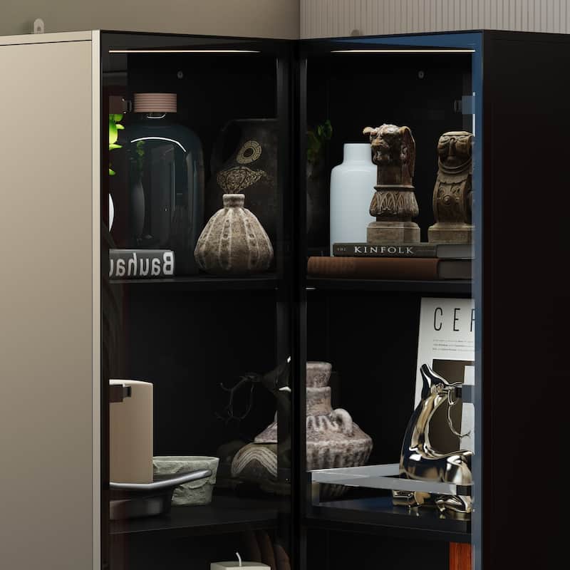 Black Glass Door Corner and Standard Cabinet Set with Lights Strips