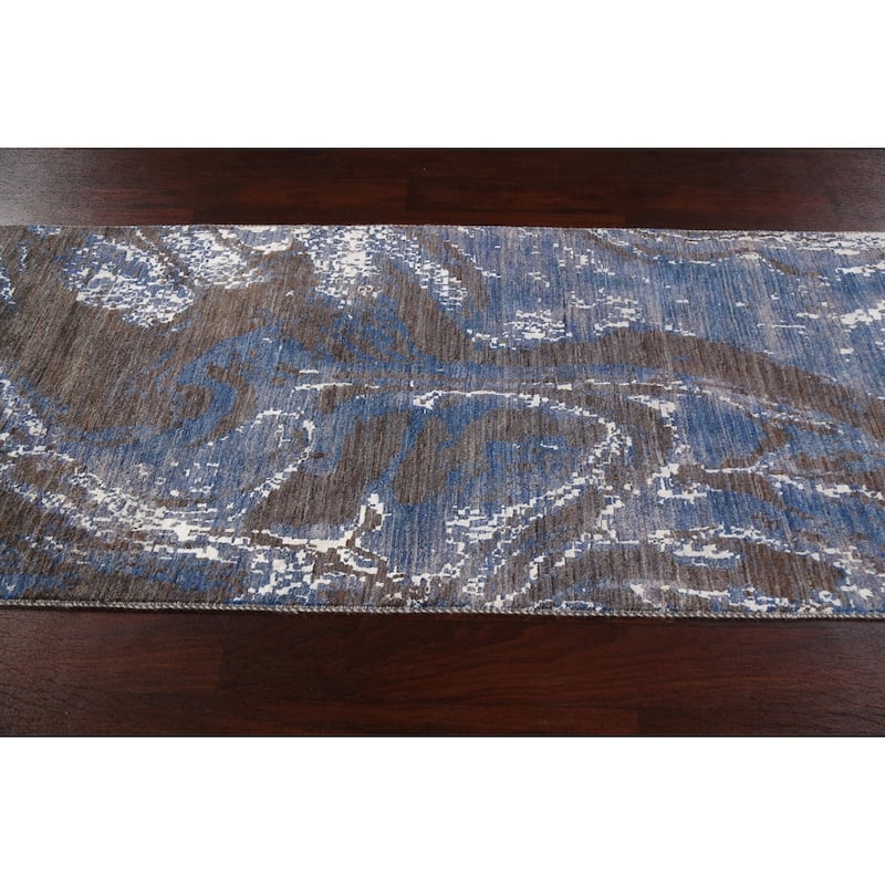 Wool/ Silk Vegetable Dye Modern Abstract Oriental Runner Rug Handmade - 3'0" x 12'3"
