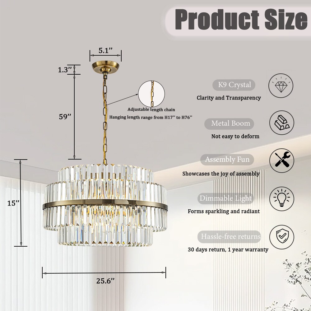 6 Light Modern Antique Brass Round Tiered Chandelier Dimmable Crystal Dining Room Lights W26