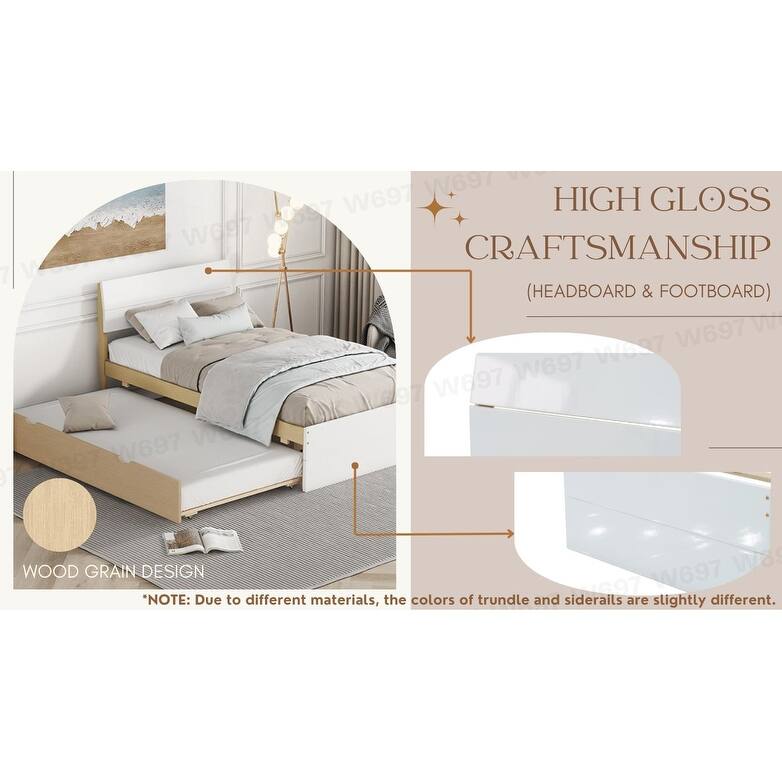 Modern Twin Platform Bed with Light Oak Trundle & High Gloss Headboard