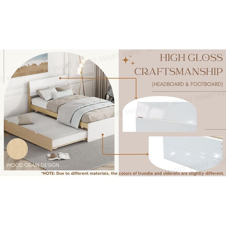 White + Light Oak Modern Twin Size Platform Bed with Light Oak Trundle,High Gloss Headboard and Footboard