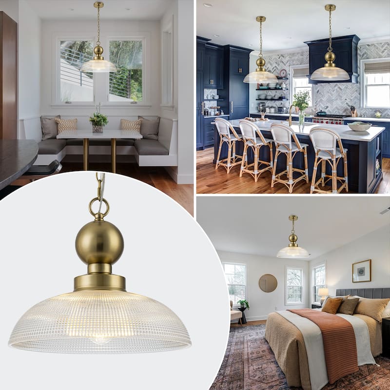 1-Light Gold Pendant Light Shallow Half-Dome Textured Grid Glass Shade - Dia.15.75-in