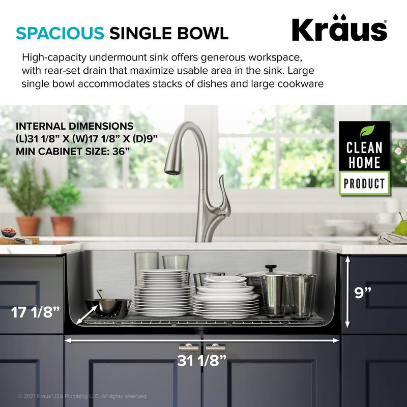 Kraus Dex 33" Undermount Single Basin 16 Gauge Stainless Steel Kitchen