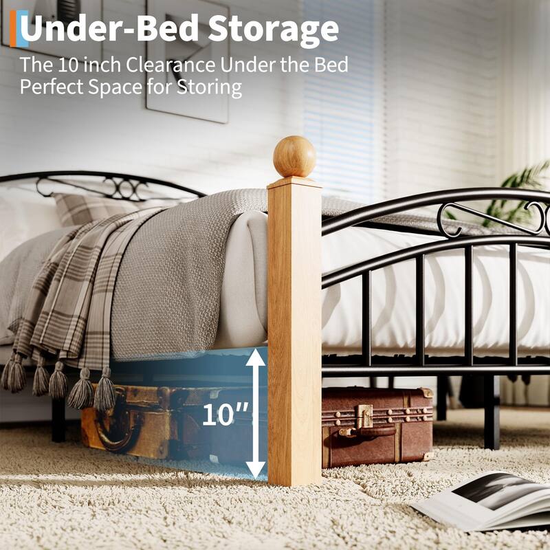 Classic Metal Platform Bed Frame, with Under Storage, Steel Slats