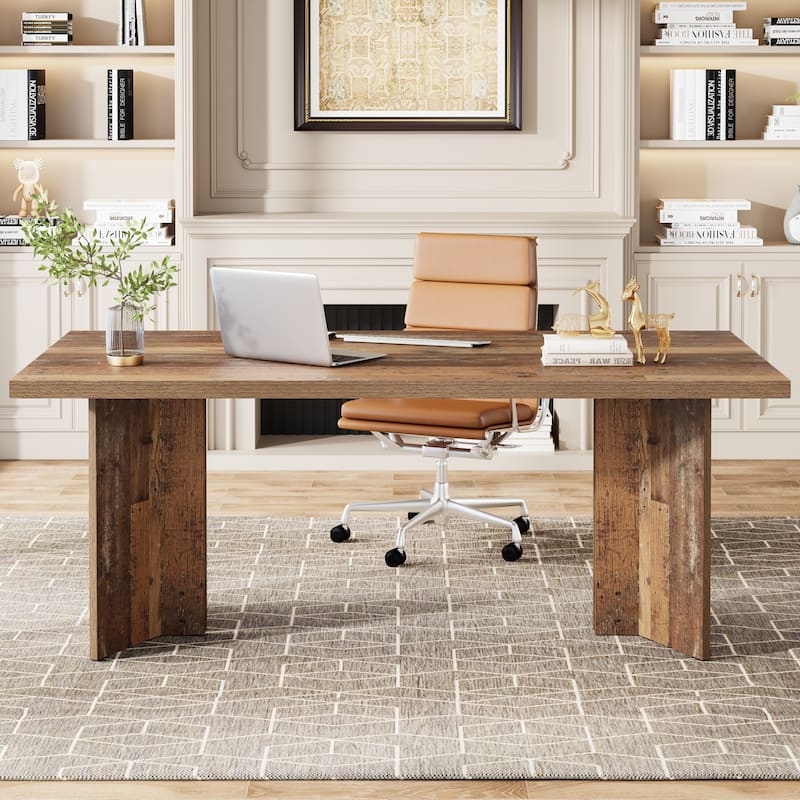 63 Inches Wood Large Executive Office Desk - Distressed Brown