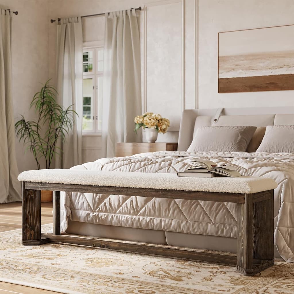 63-Inch Upholstered Bench, Solid Wood Entryway Shoe Bench with Cushion for Bedroom, Living Room