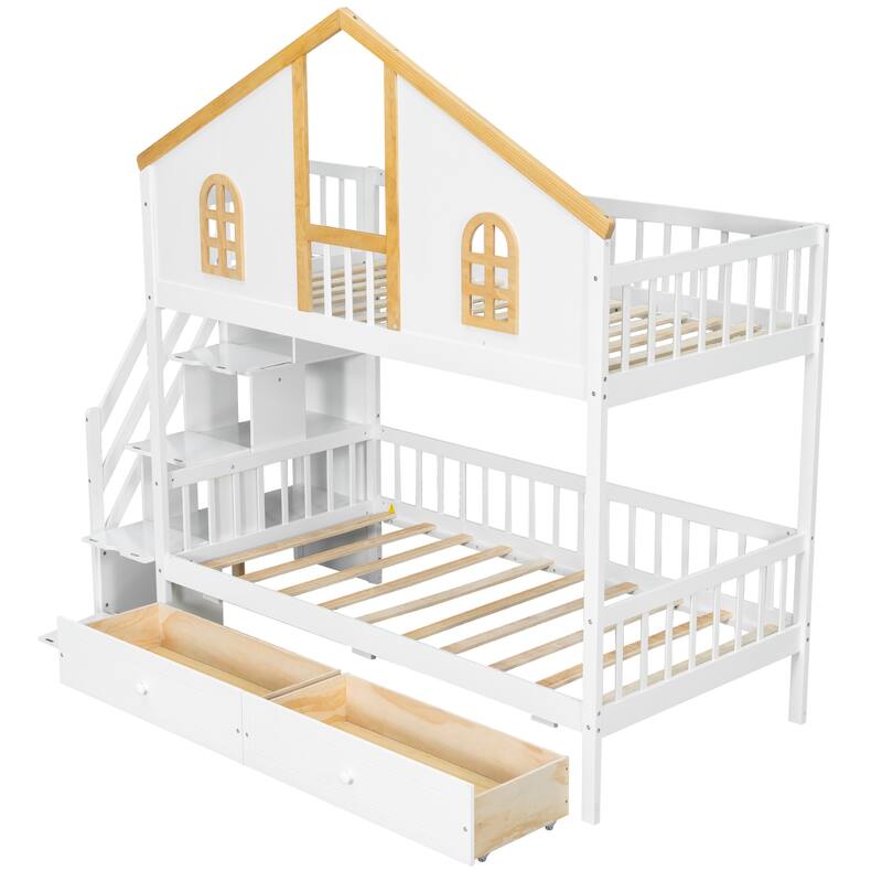Fairytale Bunk Bed with Window Door House-shaped Roof Frame and Storage Staircase, Optional with Storage Drawers or Trundle Bed