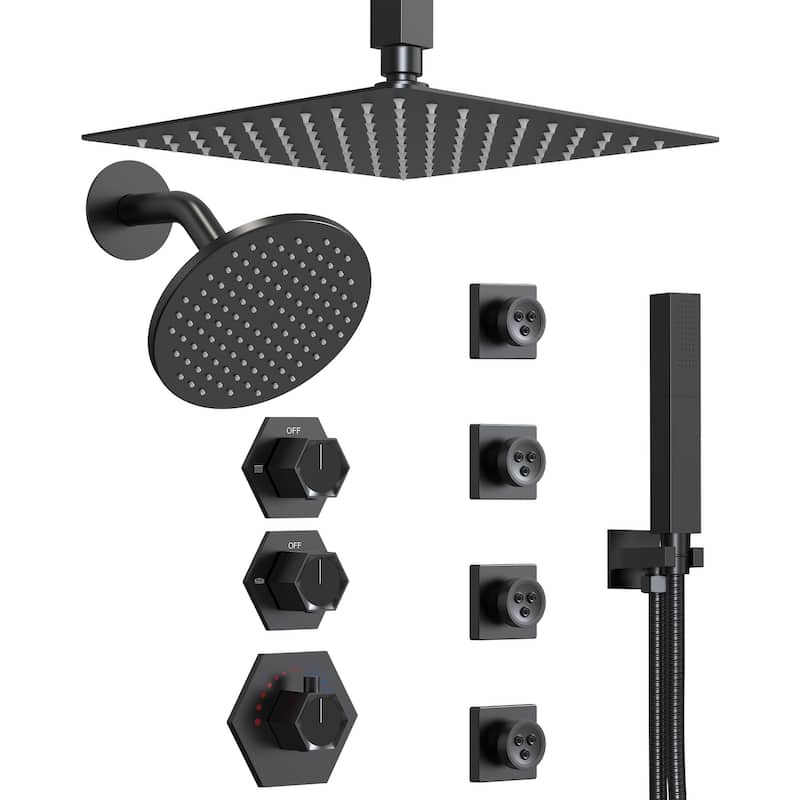 GRANDJOY Dual Shower Heads 12" Ceiling and 6" Wall Mount Body Jets Handheld Shower Spray Rainfall Shower Faucet Set