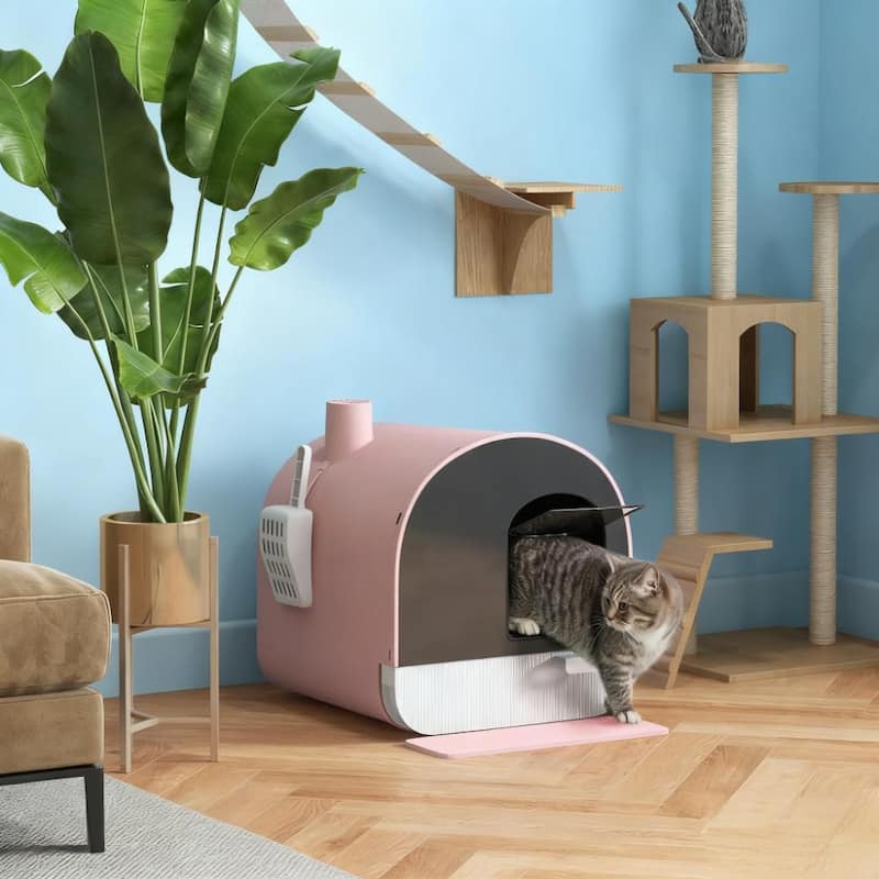 Pink Cat Litter Box with Lid with Scoop and Filter