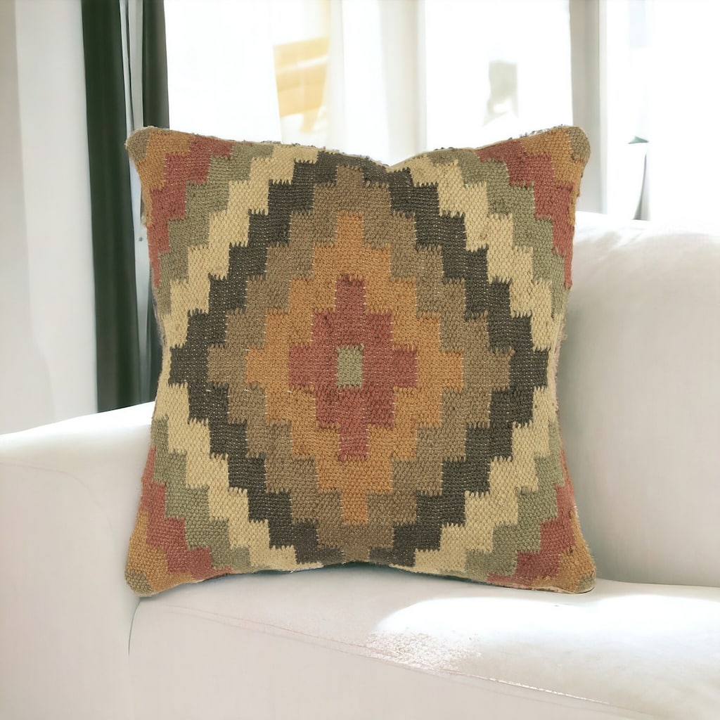 HomeRoots 18" Brown and Green Geometric Jute Wool Blend Throw Pillow