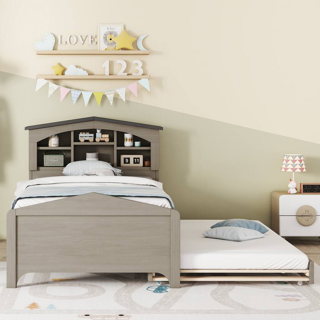 Kid-Friendly Design Twin Size Bed Kids Bed with House-shaped Storage Headboard and Trundle