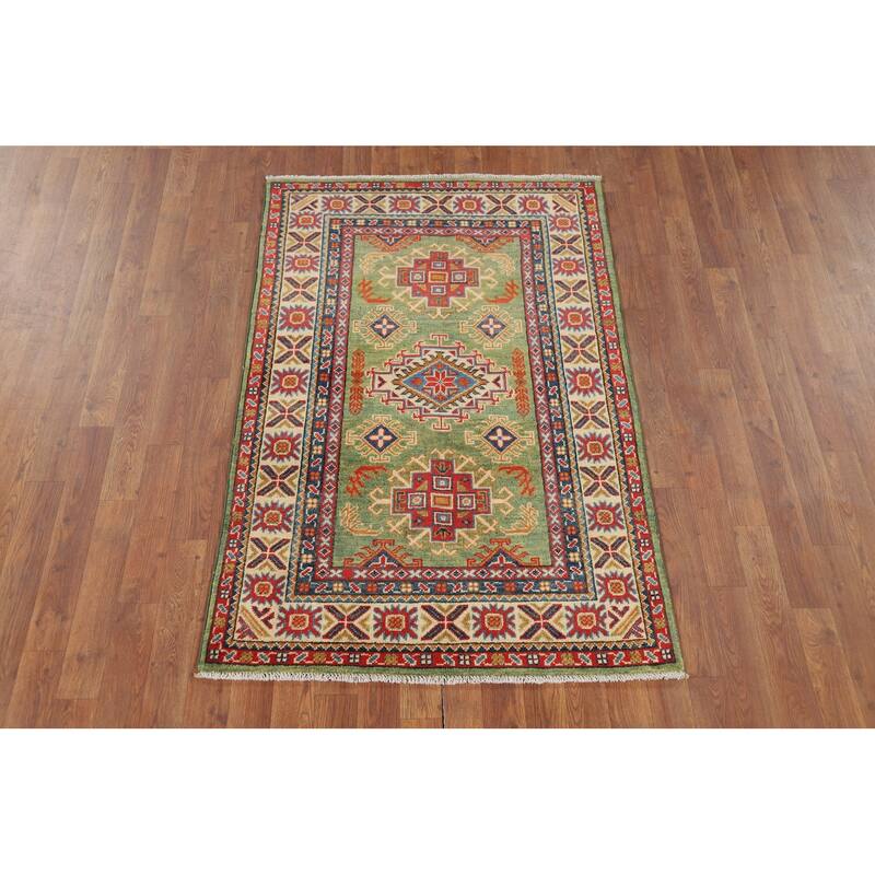 Light Green Kazak Oriental Accent Rug Handmade Wool Carpet - 3'2" x 4'11"