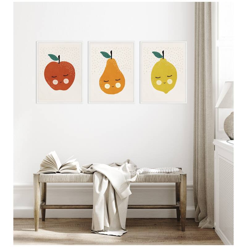 Kate and Laurel Cute Apple Lemon Pear 3 Piece Framed Canvas Wall Art Set by July Art Prints