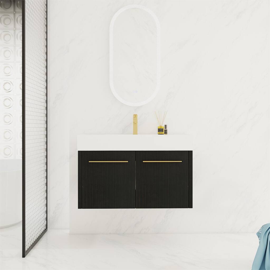 Modern Bathroom Vanity with Resin Sink, Soft-Closing Hinges, Eco-Friendly Plywood Base, Black Chestnut Finish - 35.4in L Plywood