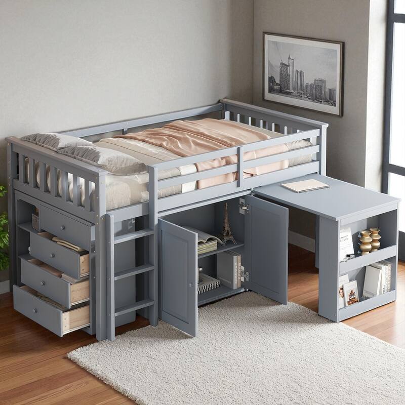 Twin Loft Bed with Pull-Out Desk, Storage Cabinets & Drawers, Rubber Wood, Guardrail & Ladder, Gray