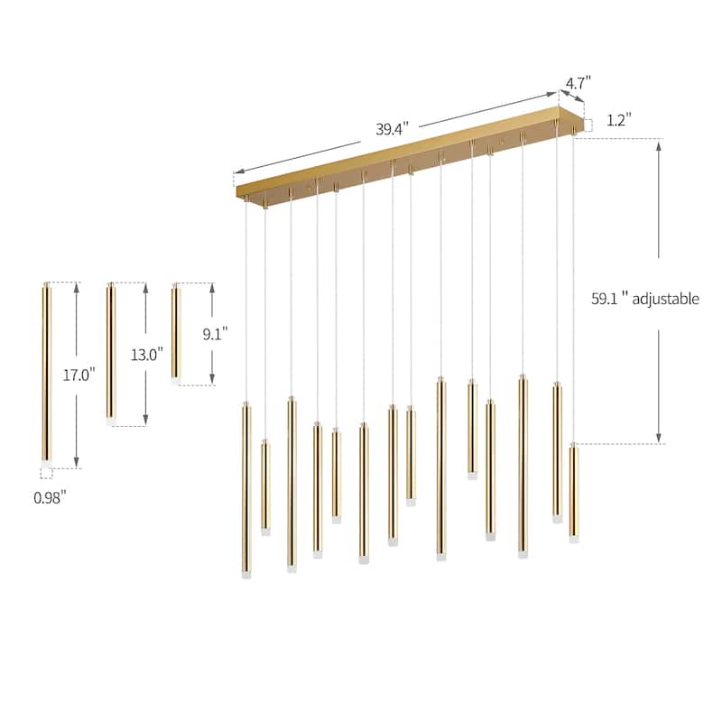 14 Light Linear LED Integrated in Black or Gold Cluster Chandelier, Luxury Kitchen Island Dining Room Pendant