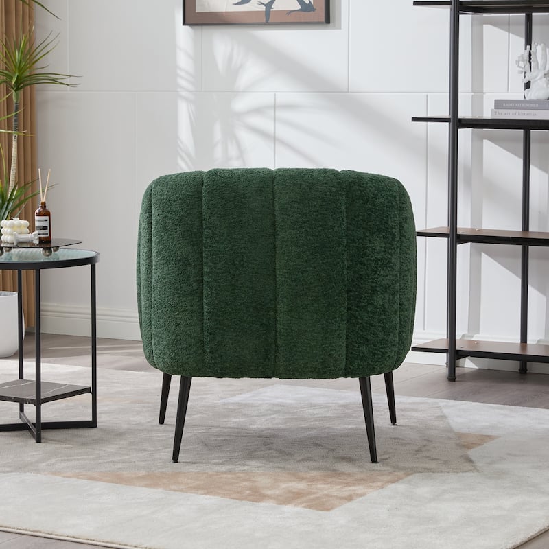 Chenille Upholstered Barrel Accent Chair, Channel Tufted Lounge Armchair, Round Reading Chair with Curved Backrest & Metal Legs