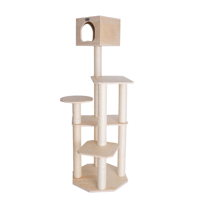 Real Wood Premium Scots Pine 69-Inch Cat Tree with Five Levels, Perch, Condo - Natural Beige