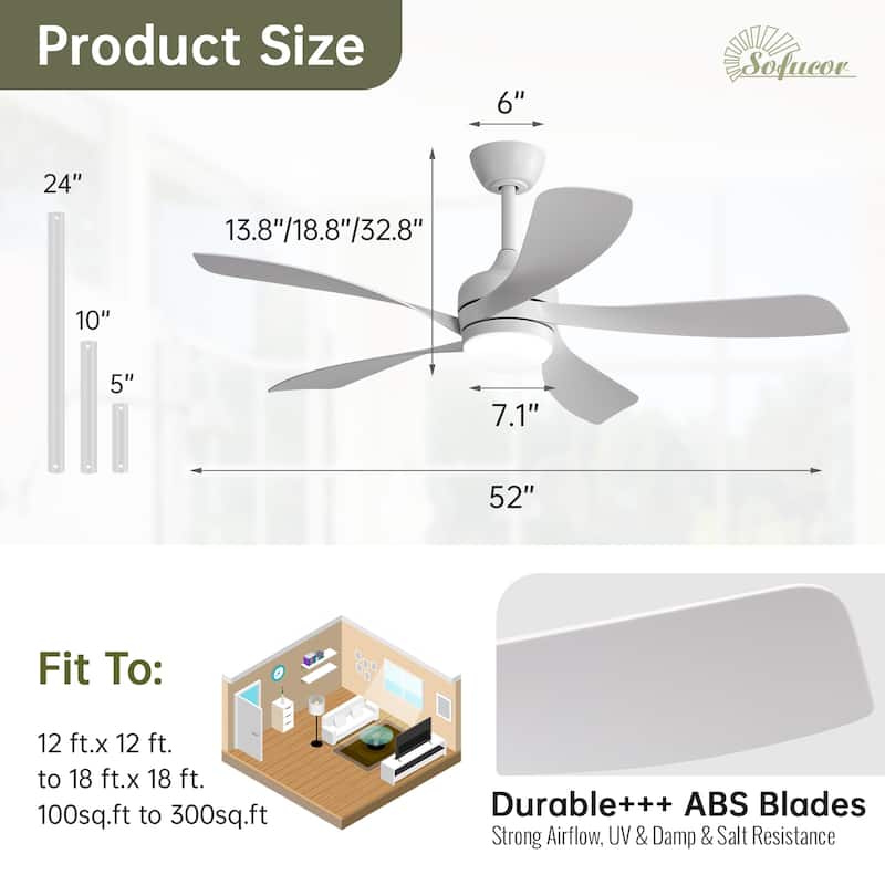 52" Indoor Noiseless Ceiling Fan with Integrated LED Light and Remote