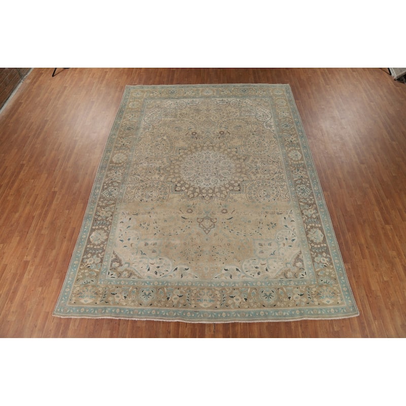 Distressed Tabriz Vintage Persian Rug Hand-Knotted Peach Wool Carpet - 9'11" x 13'3"