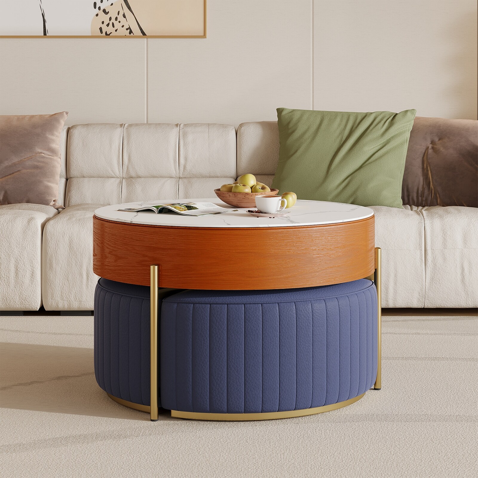 Lift Top Extendable Frame Coffee Table with Storage 3 Stools