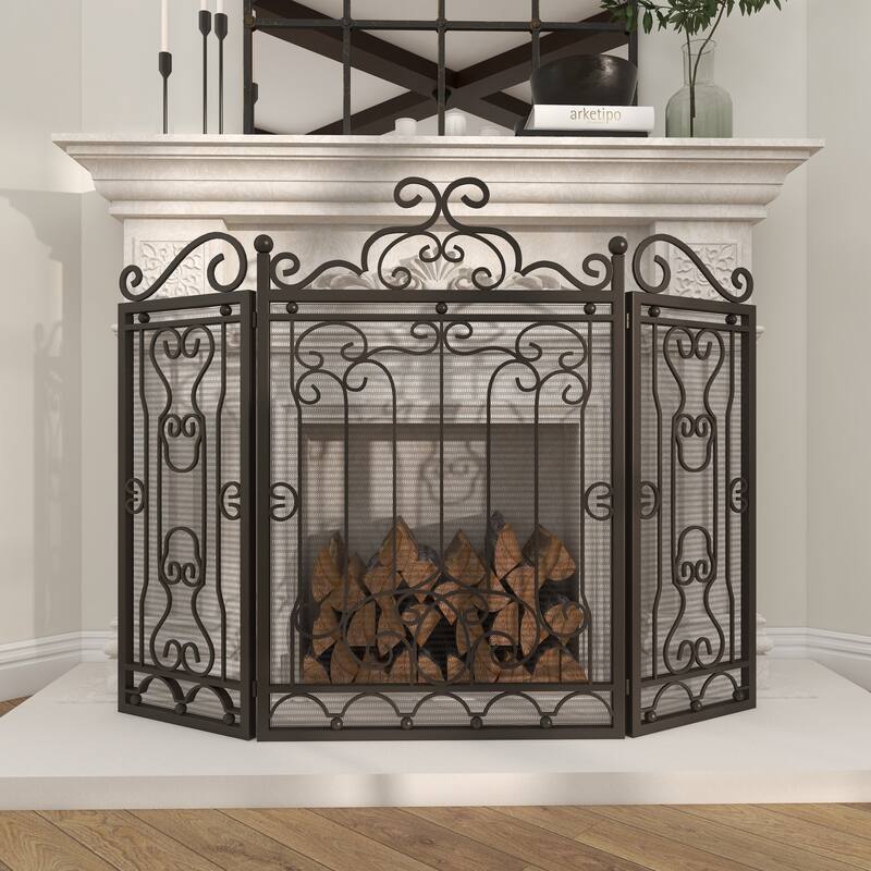 Metal Scroll Foldable Mesh Netting 3 Panel Fireplace Screen - Dark Brown - Roche River Decor