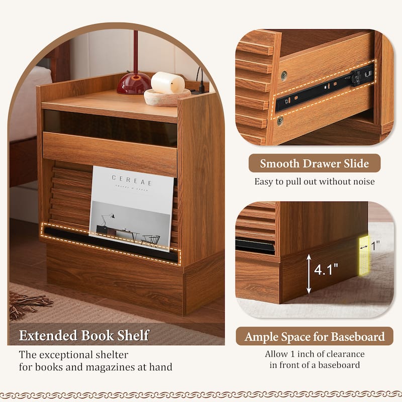 Mid Century Modern Nightstand with Charging Station and LED lights, Night Stand with 2 Drawers, Bedside Tables/End Table