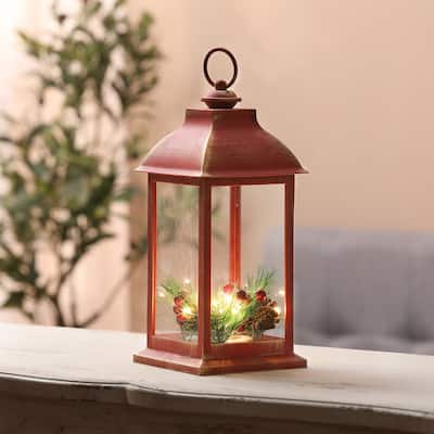 Red and Gold Rustic Christmas Holiday Berry and Pine Cone LED Lantern - 12" H x 5.3" W x 5.3" D