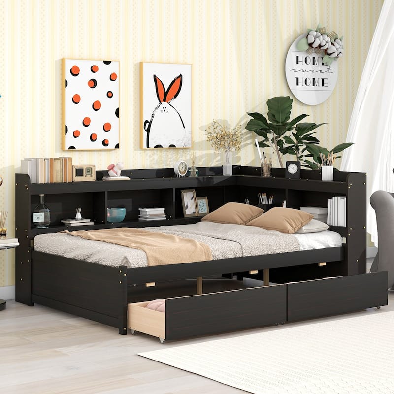 Full Bed with L-shaped Bookcases and Drawers
