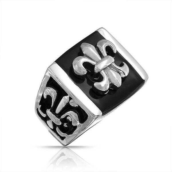 Shop Mens Black Fleur De Lis Square Signet Ring Silver Tone Stainless Steel Overstock 17987081