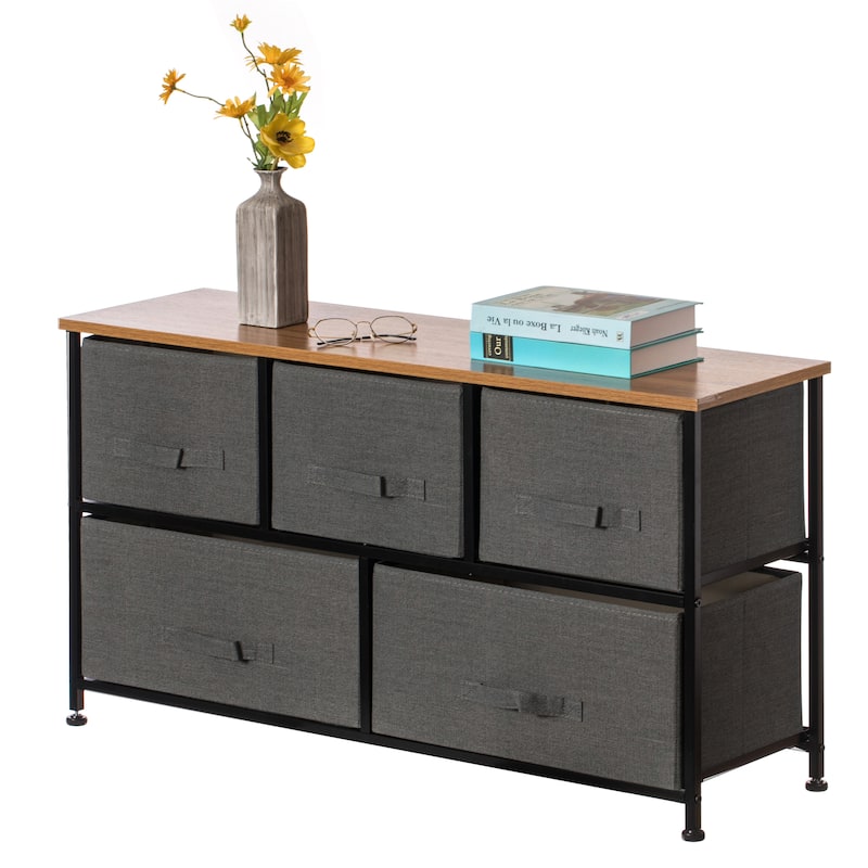 Charcoal Gray Five Storage Drawer Unit, Wooden Top, 2 Sizes Bins - Charcoal Grey