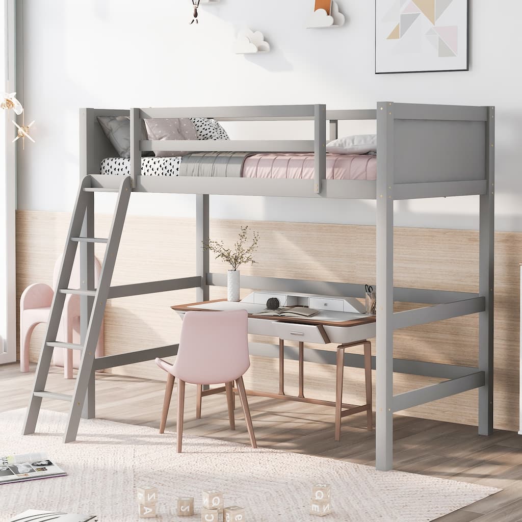 Gray Twin Size Solid Wood Loft Bed with Ladder, Sturdy Pine Frame & 14 Slats