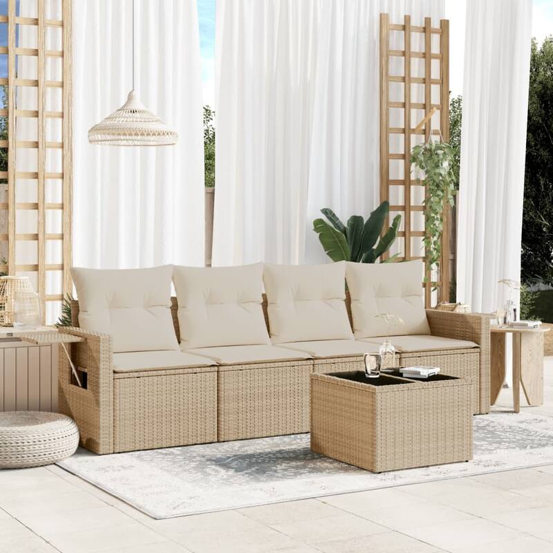vidaXL Patio Sofa Set with Cushions Outdoor Furniture 5 Piece Poly Rattan - Beige - 24.4 x 33.5 x 27.2