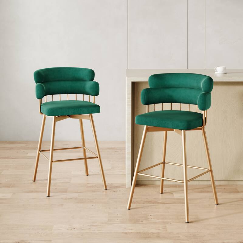 Roomfitters 26-Inch Swivel Counter Height Bar Stools Set of 2, Modern Industrial Upholstered Bucket Seat with Golden Legs, Green - Green