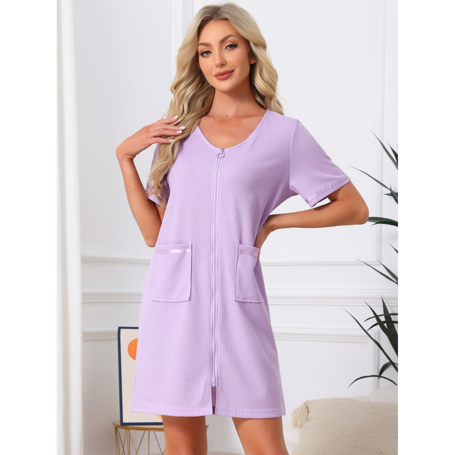 Women's Zipper Robes Front Open Knit Short Bathrobe House Coat with Pockets Soft Waffle Nightgown