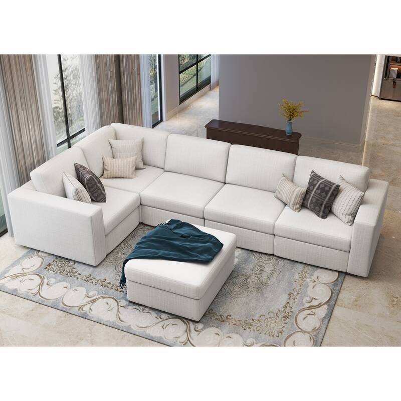 127" Modular U-shaped Linen Sectional Sofa with Movable Otoman - Beige - Symmetrical