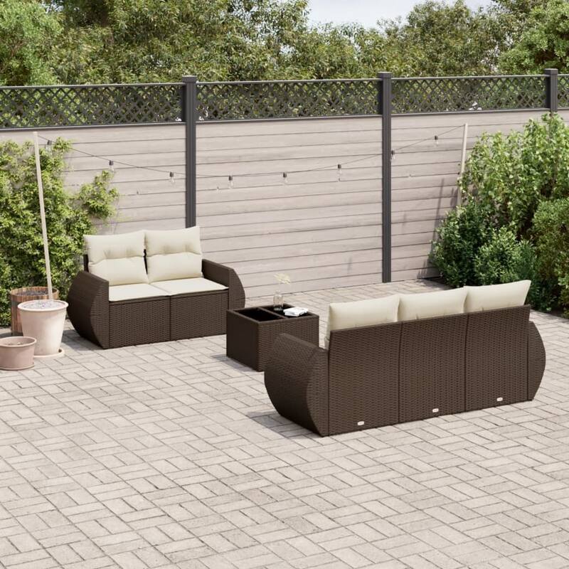 vidaXL Patio Sofa Set with Cushions Outdoor Furniture 6 Piece Poly Rattan - 24.4 x 27.6 x 27.2 - Brown and cream