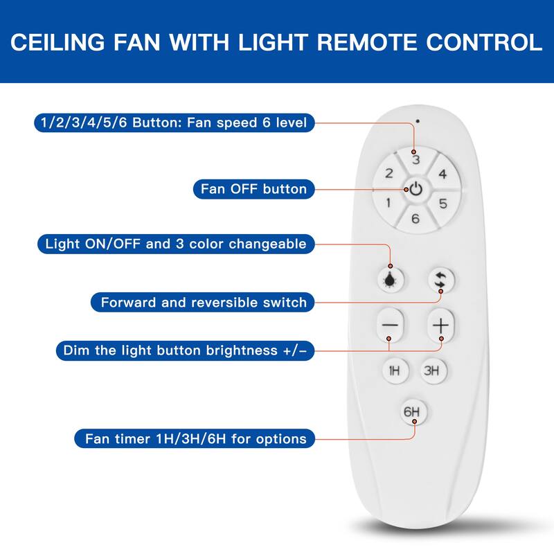 Ceiling Fan with LED Light, 6-Speed Remote Control Reversible Fan with 3-Color Light Settings & Downrod Mount