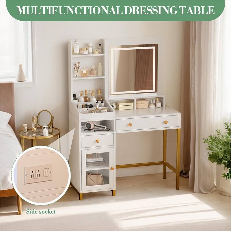 Makeup Vanity Desk with Adjustable LED Mirror, 2 Drawers, Shelves & Charging Station