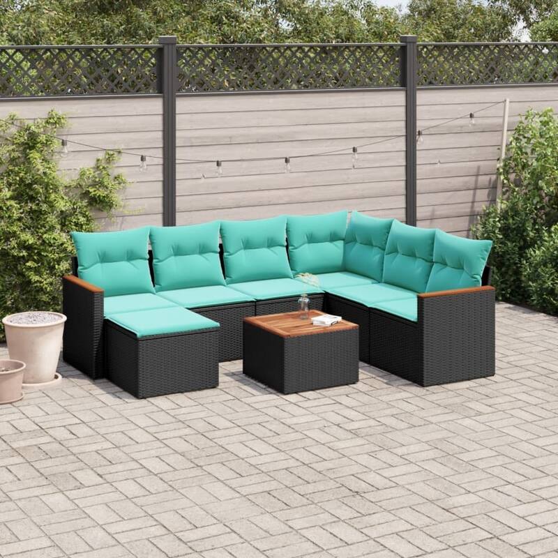 vidaXL Patio Sofa Set with Cushions Outdoor Conversation Furniture Poly Rattan - 24.4x 24.4x 27.2 - Black and Blue-With table