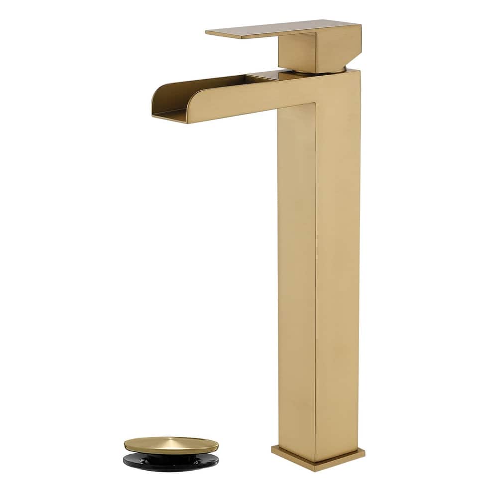Waterfall Single Handle Bathroom Vessel Sink Faucet with Pop-up Drain 304 Stainless Steel 1 Hole High Tall Basin Vanity Taps