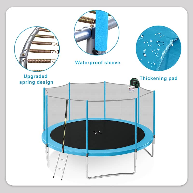 14FT Kids Trampoline with Safety Net Basketball Hoop Ladder Easy Assembly Round Outdoor