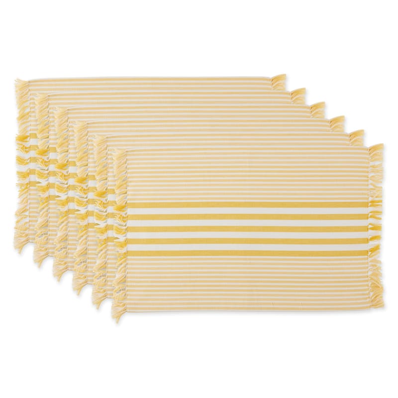 Awning Striped Fringed Cotton Placemats - 19" - Sunshine Yellow and White - Set of 6