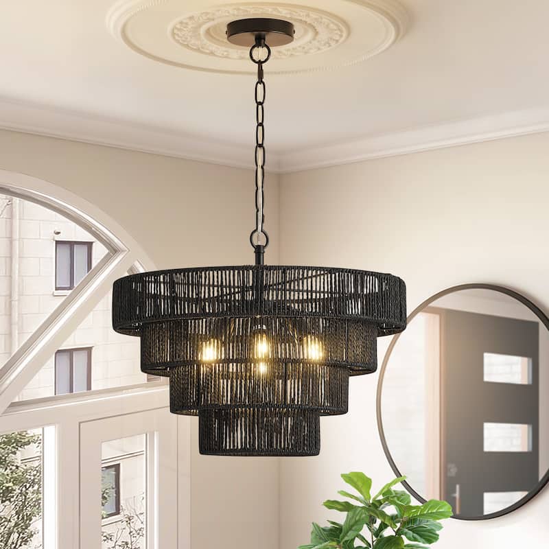 Starsky 6-Light 19inch Boho Tiered Rattan Drum Hand Woven Chandelier with Natural Rope Paper Shade - Black