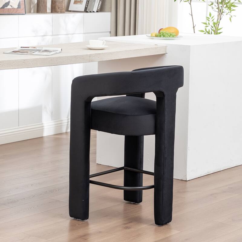 SEYNAR Modern Velvet 34.6''H Fixed Height Open-Back Bar Stool with Metal Footrest