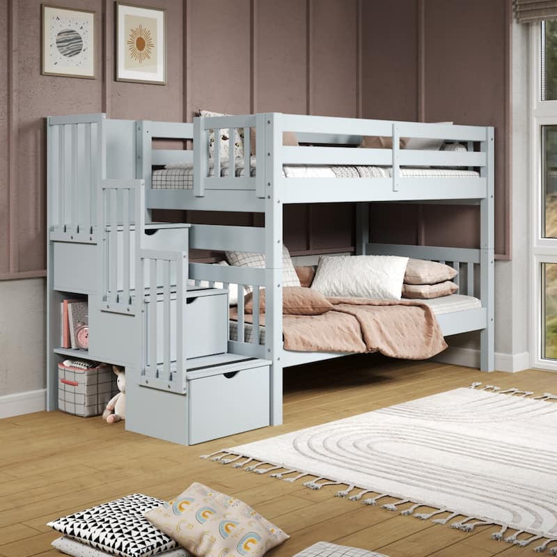 Taylor & Olive Trillium Twin over Twin Stairway Bunk Bed, 3 Steps - Blue