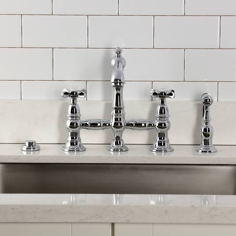 Kingston Brass Essex Two-Handle 4-Hole Deck Mount Bridge Kitchen Faucet with Brass Side Sprayer